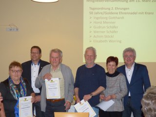 50 Jahre beim TVE : Ingeborg Gotthardt, Horst Menner, Gudrun Schäfer, Werner Schäfer, Achim Stöckl, Elisabeth Worring